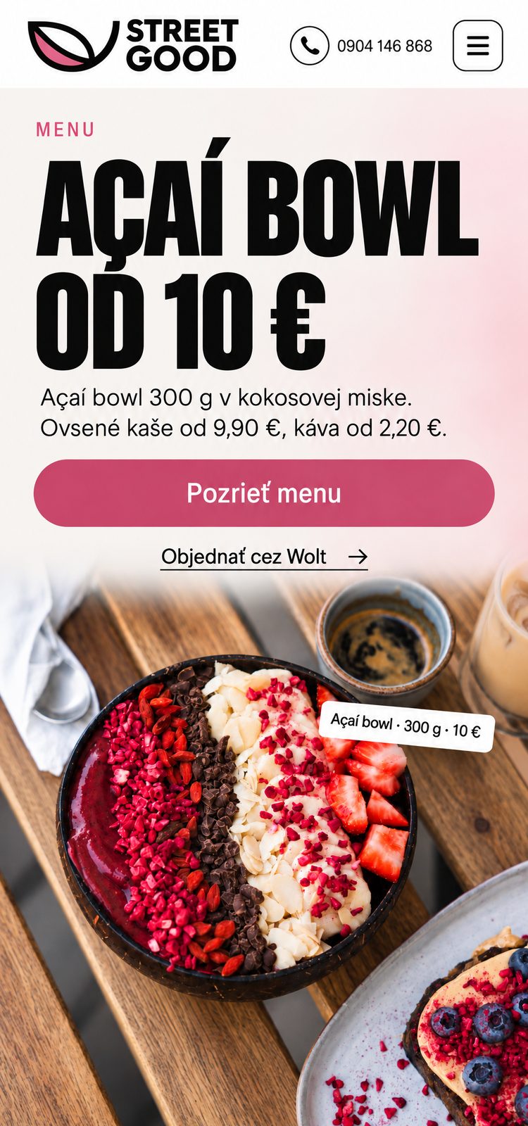 Návrh webu na mobile: tlačidlo s číslom 0904 146 868, nadpis Açaí bowl od 10 € a vaša miska