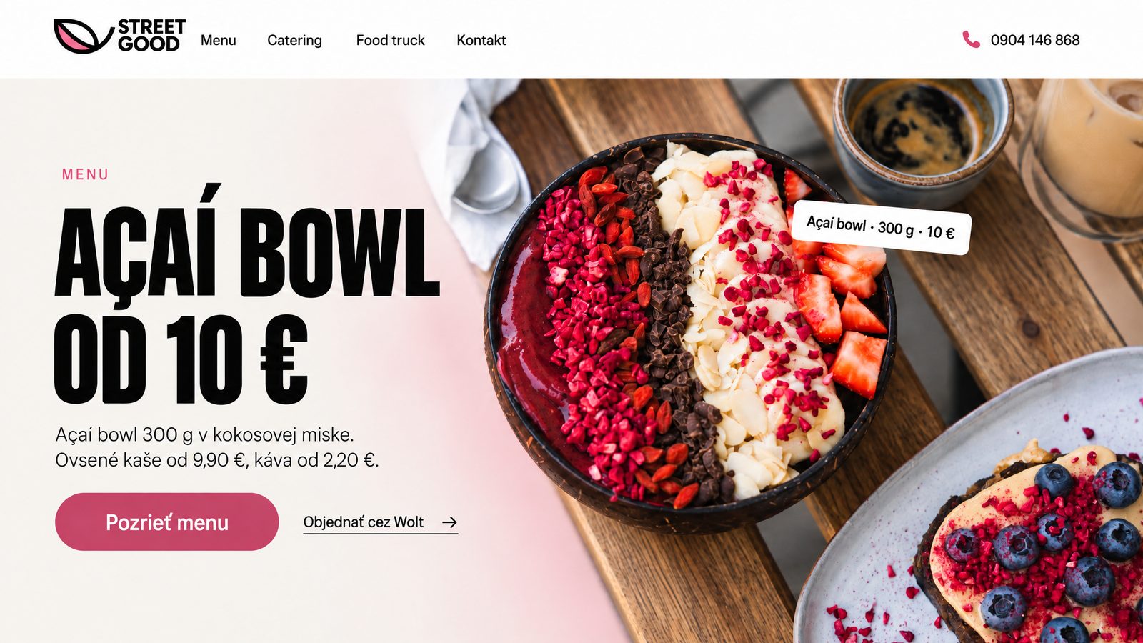 Návrh úvodnej obrazovky webu: vaša smoothie bowl v kokosovej miske a nadpis Açaí bowl od 10 €