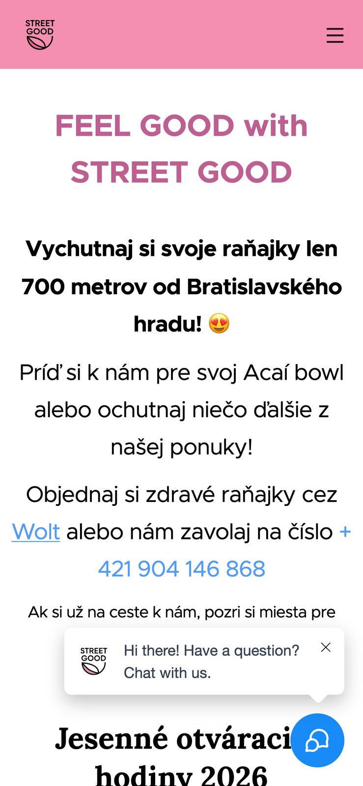 Dnešný web na mobile: logo, ružový nadpis a anglická bublina chatu, bez fotky jedla